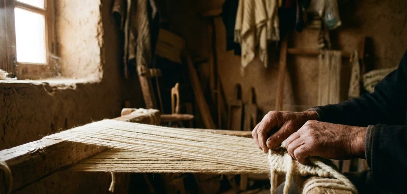 Artisan hands weaving wool on a traditional wooden loom in Kairouan, Tunisia