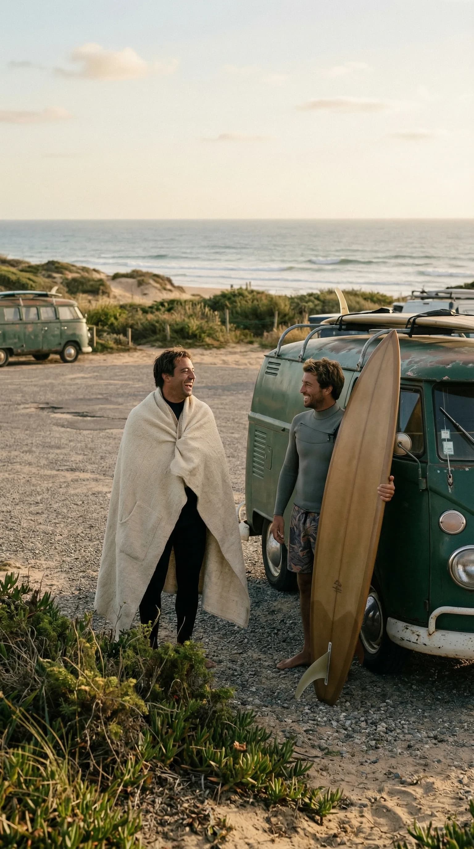 Surfer on Portuguese cliff wearing Qashabiya cloak